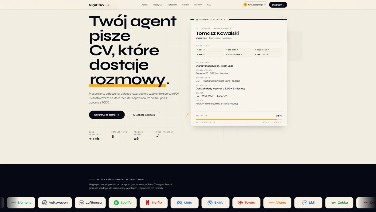 Zrzut ekranu strony agentcv.pl na desktopie